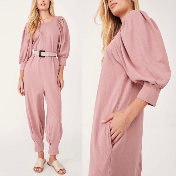 NWT FP Beach Jackie One Piece Jumpsuit M Smoked Roses Jumper Puff Sleeve - Picture 3 of 14